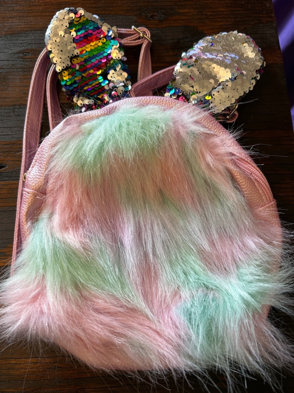 Kids Pastel Pink & Mint Faux Fur Backpack with Sequin Ears